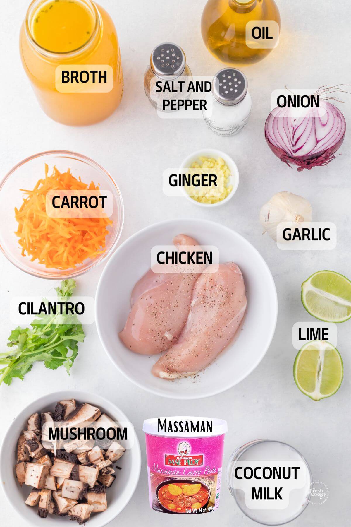 Labeled ingredients for Thai Chicken Soup.