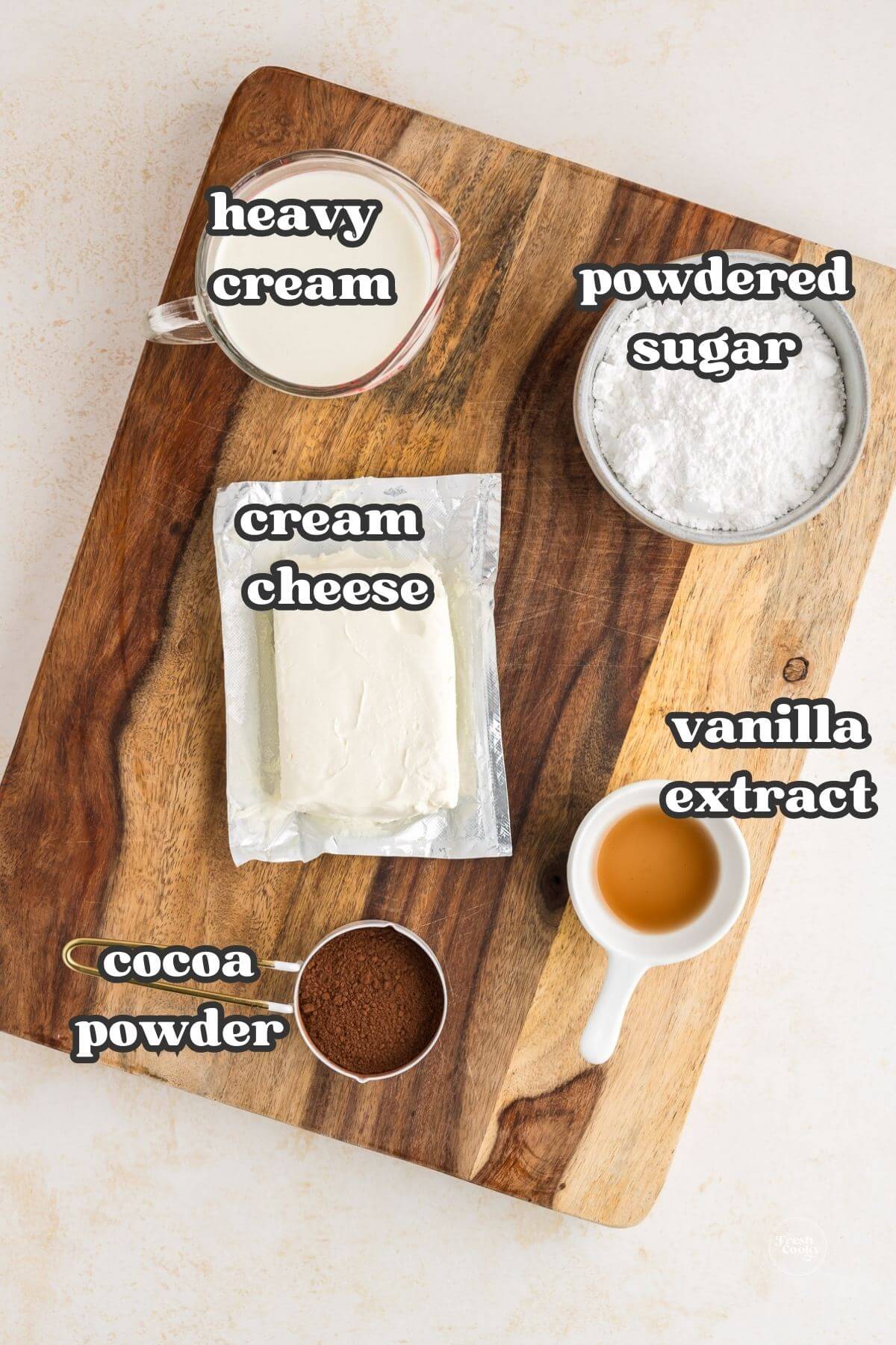 Labeled ingredients for chocolate fruit dip recipe.