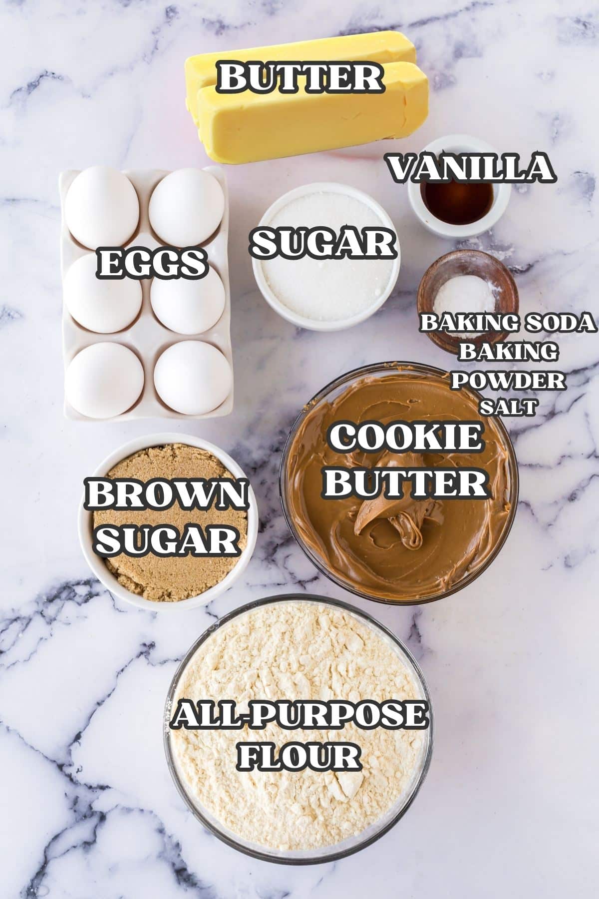 Labeled ingredients for stuffed cookie butter cookies.