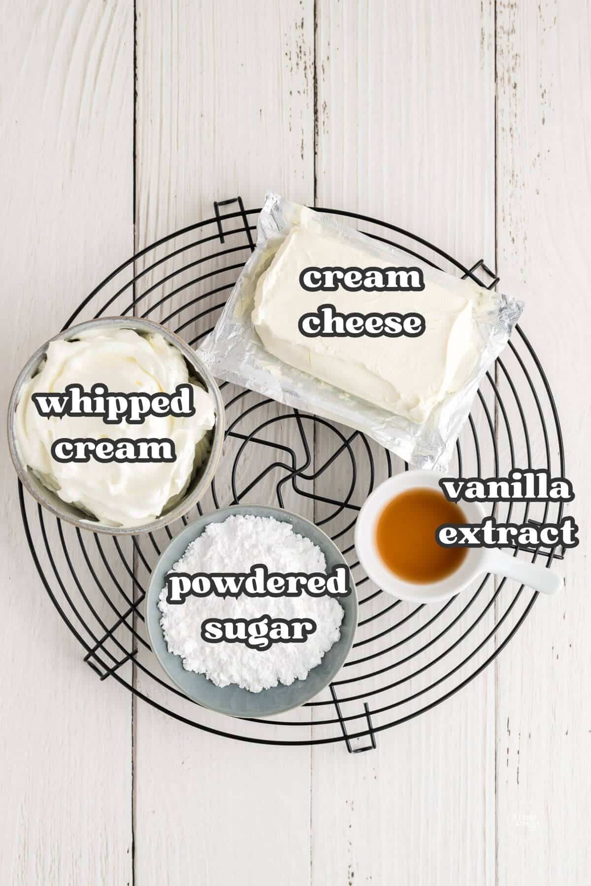 Labeled ingredients for cream cheese fruit dip.