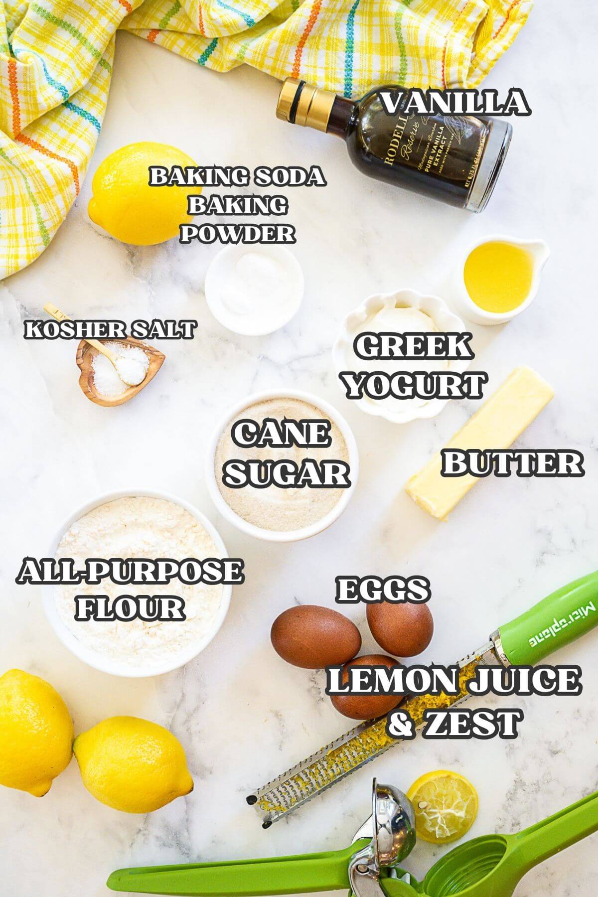 Labeled ingredients for lemon crumb cake.
