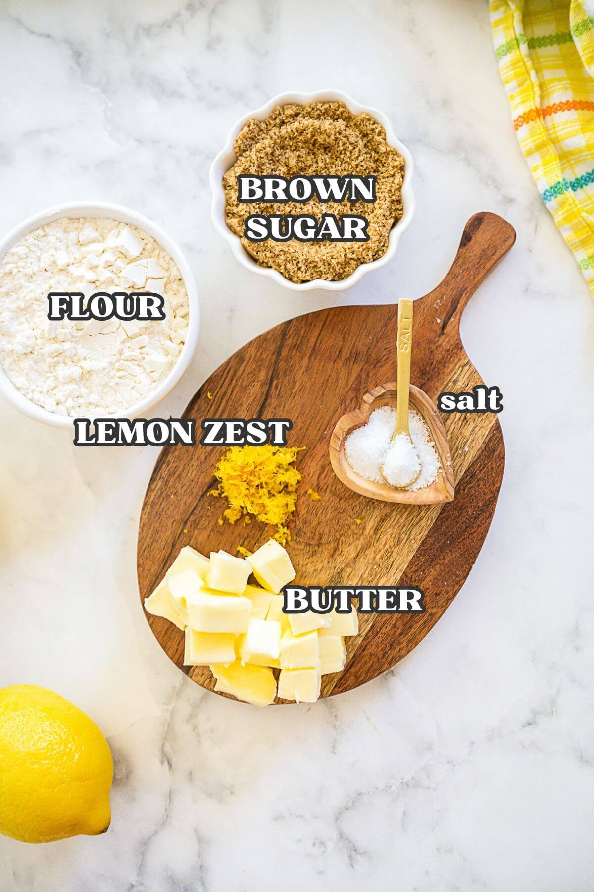 Labeled ingredients for lemon crumb topping. 
