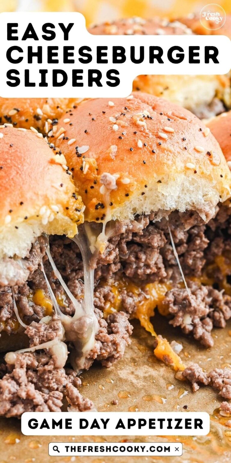 Close up of cheesy cheeseburger sliders in pan, for pinning.