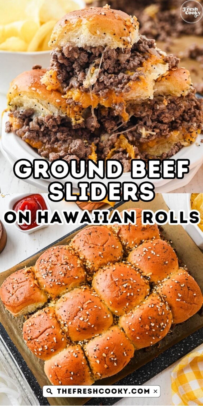 Ground beef sliders on a plate and in the pan with condiments around, for pinning.