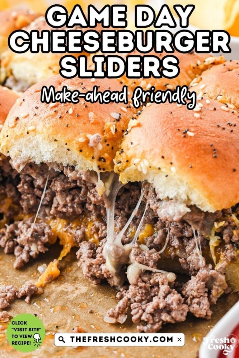 Close up of beefy, cheeseburger sliders with cheesy pull, for pinning.
