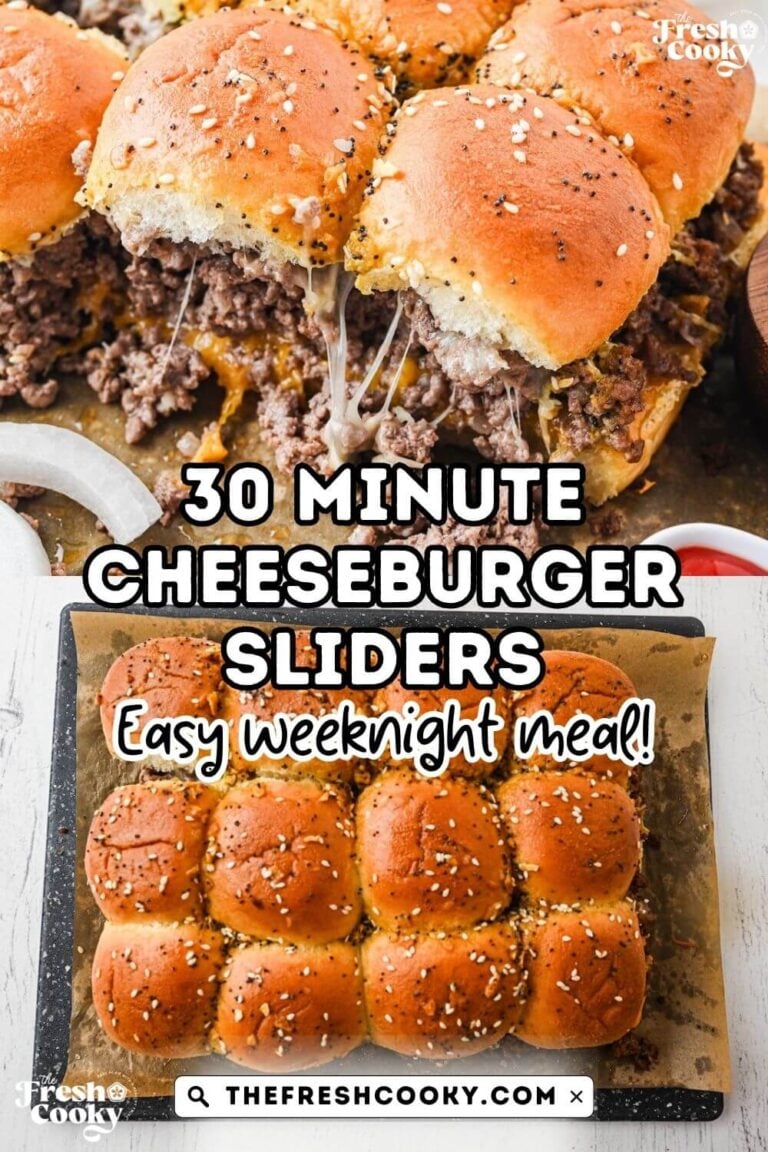 A pan of cheeseburger sliders and sliders close-up showing the thick filling in the pan, to pin.