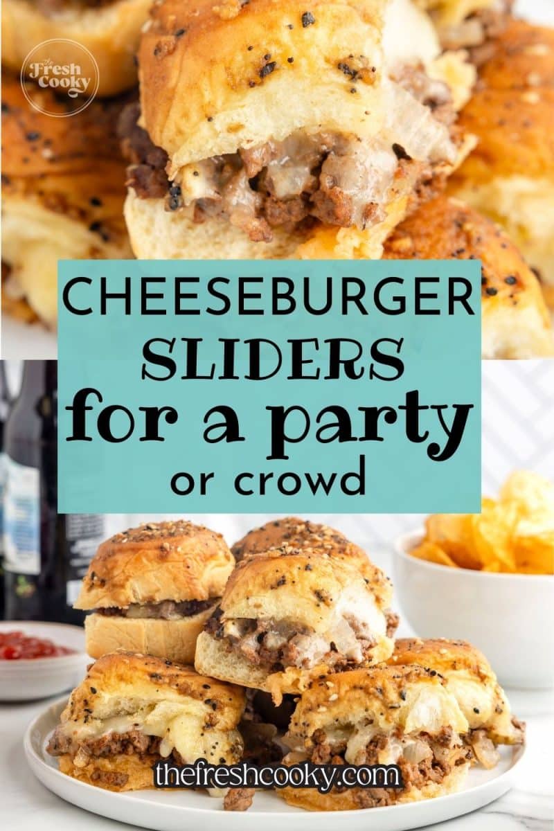 Cheeseburger sliders on a plate for a party, to pin.