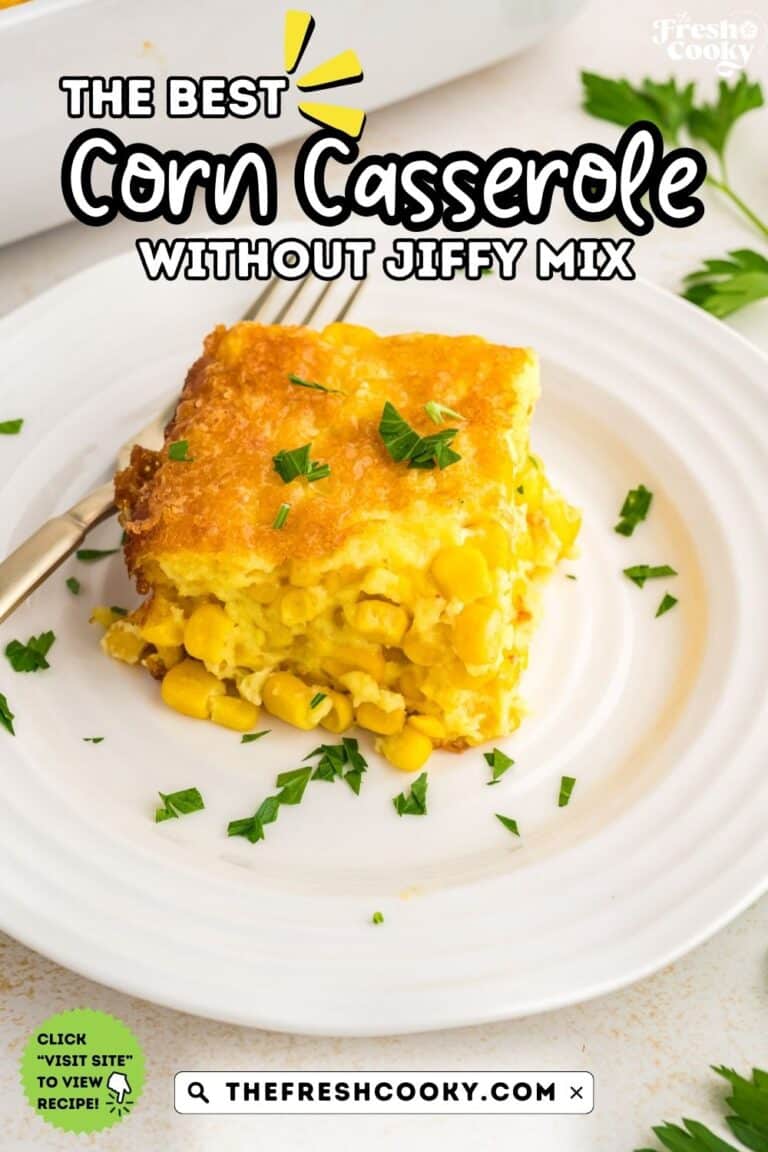 A square of corn pudding casserole on a plate garnished with parsley, to pin.