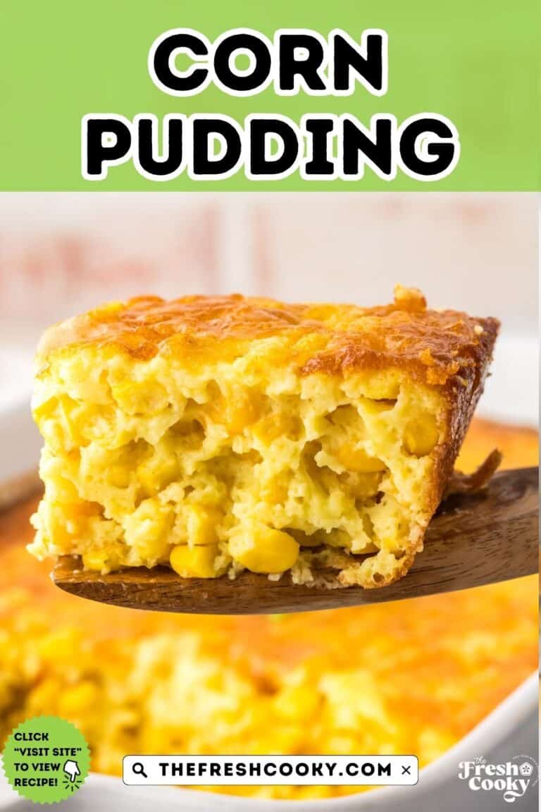 Corn Pudding serving on a spatula, to pin.