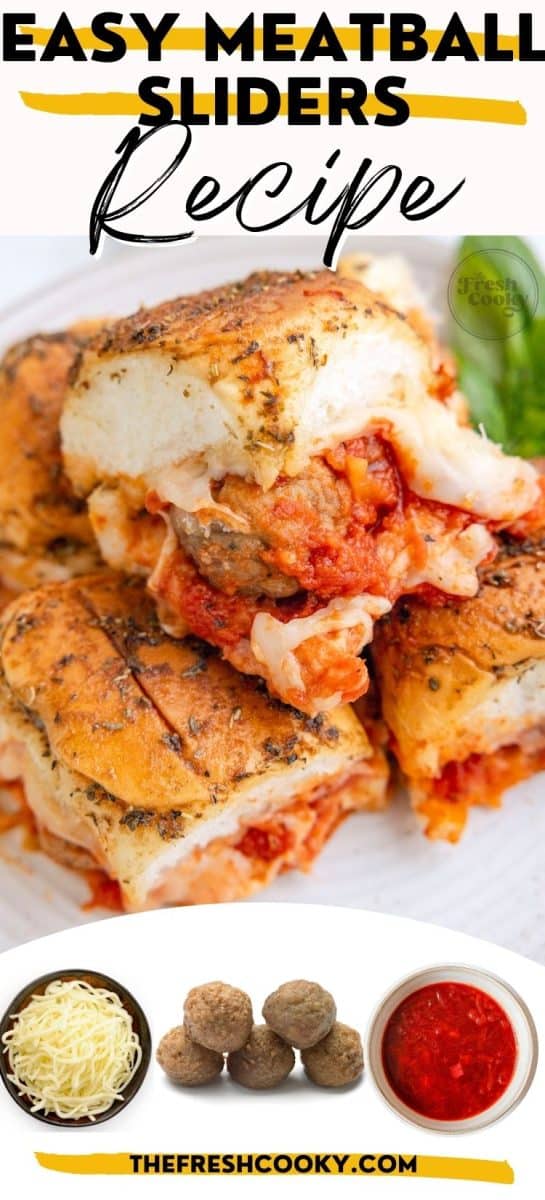 Best easy meatball sliders recipe with sliders stacked on plate for serving. To pin.