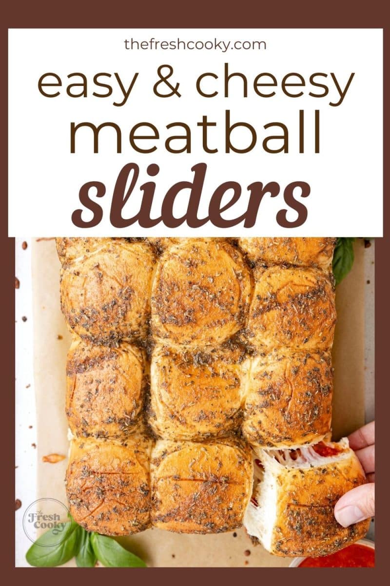 Easy and Cheesy meatball sliders on baking dish, pull-apart sliders ready to enjoy - to pin.