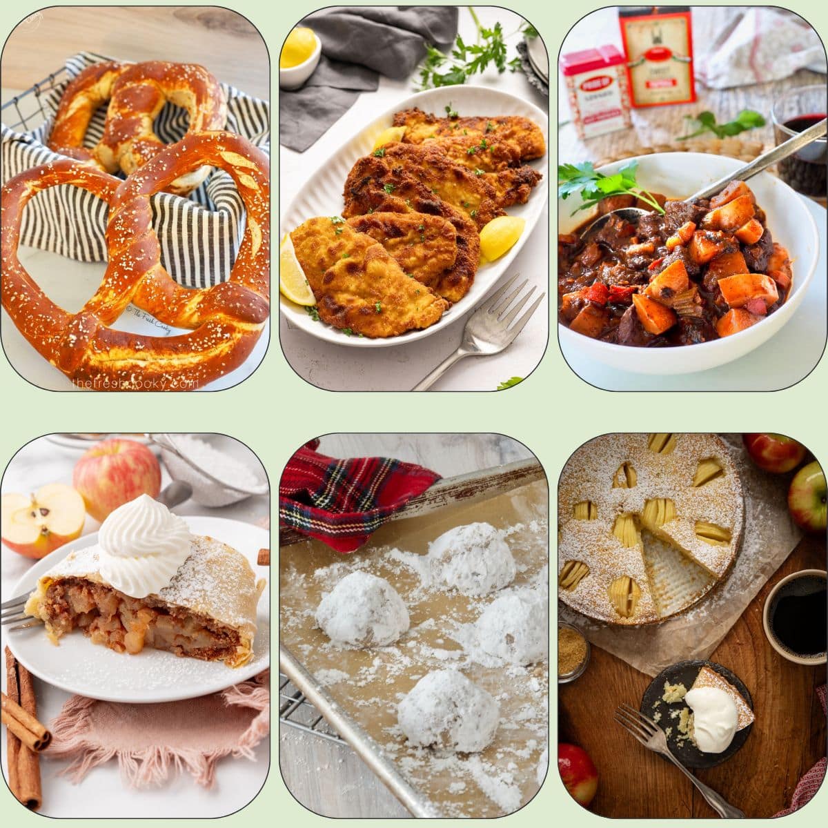 Oktoberfest recipes, l-R Laugenbretzels, schnitzel, goulash, apfelstrudel, pfeffernusse, apfelkuchen.