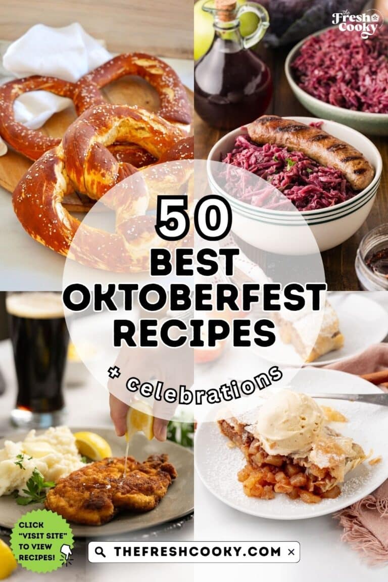 Best Oktoberfest recipes roundup, L-R, Bavarian pretzel, rotkhol and bratwurst, schnitzel, apfelstrudel, for pinning.