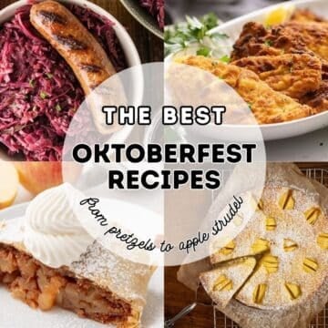 The best Oktoberfest Recipes L-R Rotkohl with bratwurst, chicken schnitzel, apfelstrudel, and apfelkuchen.
