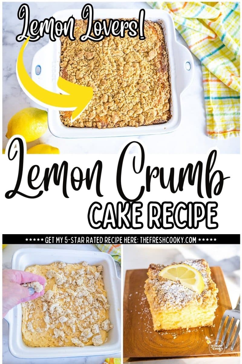 Easy lemon crumb coffee cake in a pan and slice on a plate - to pin.