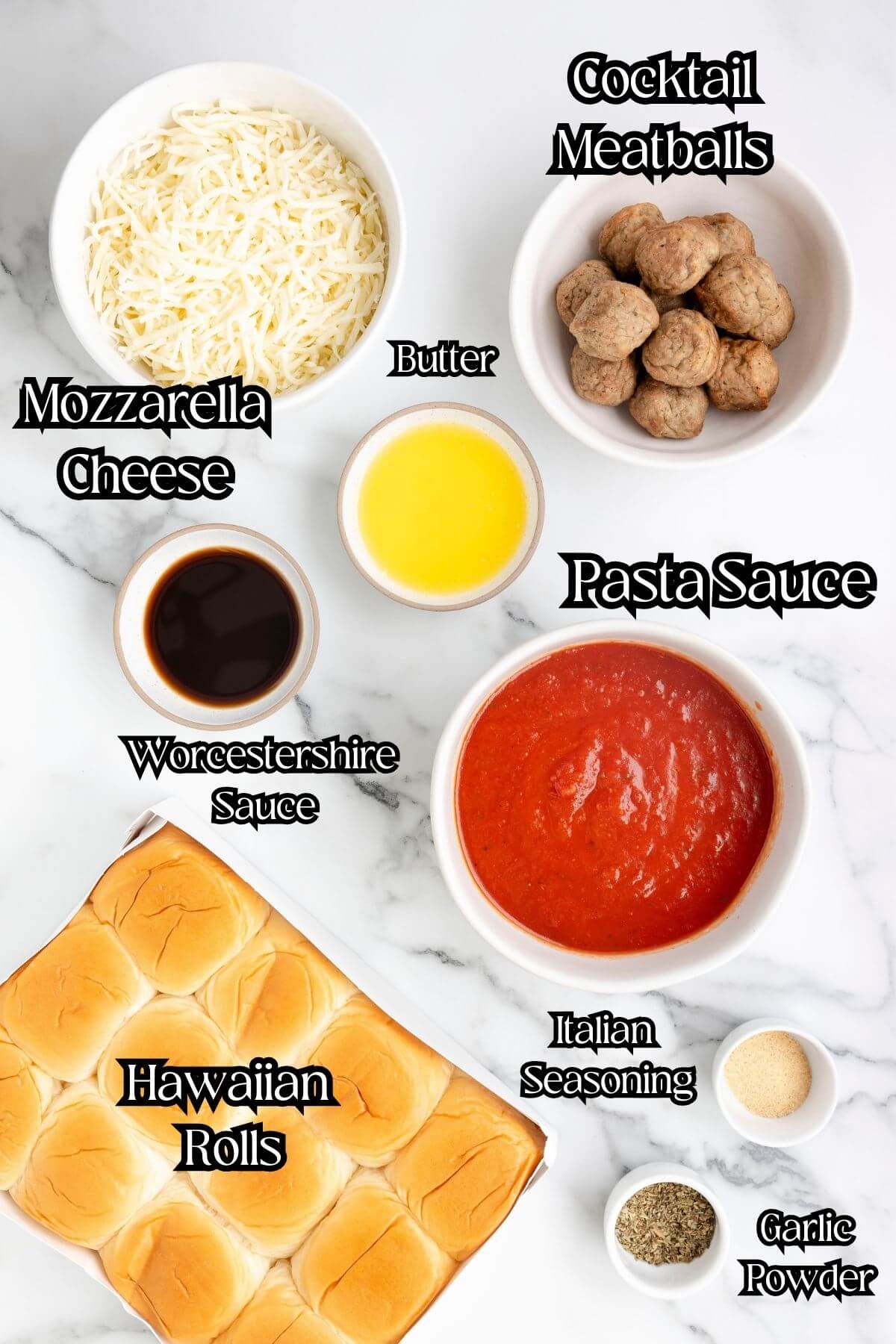 Labeled ingredients for meatball sliders. 
