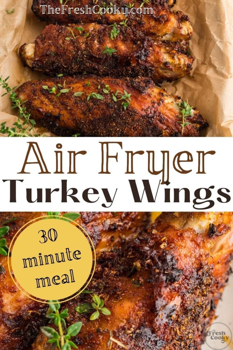 Air Fryer Turkey Wings shown in a row, to pin.