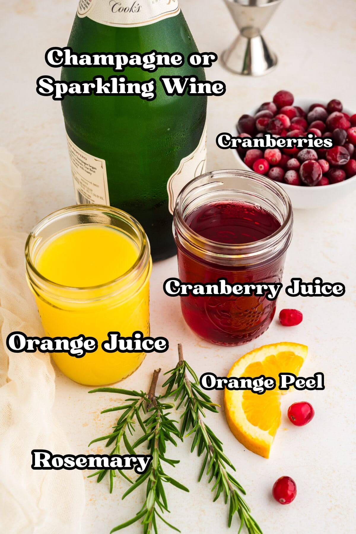 Cranberry Mimosas labeled ingredients.