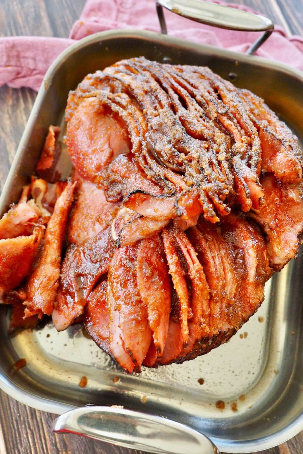 Costco Spiral Sliced ham crusty with a sugar and spice glaze baked on.