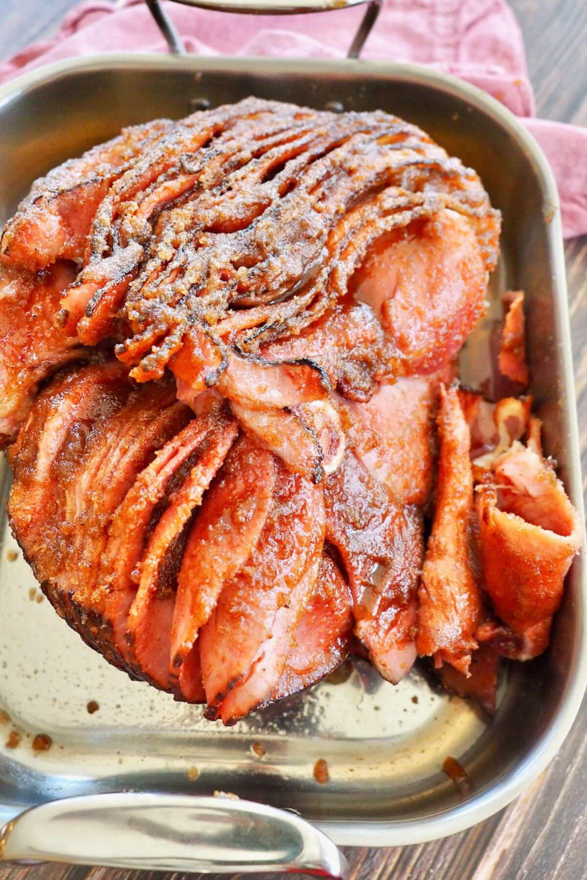 Kirkland Spiral Sliced Ham with glaze in roasting pan. 