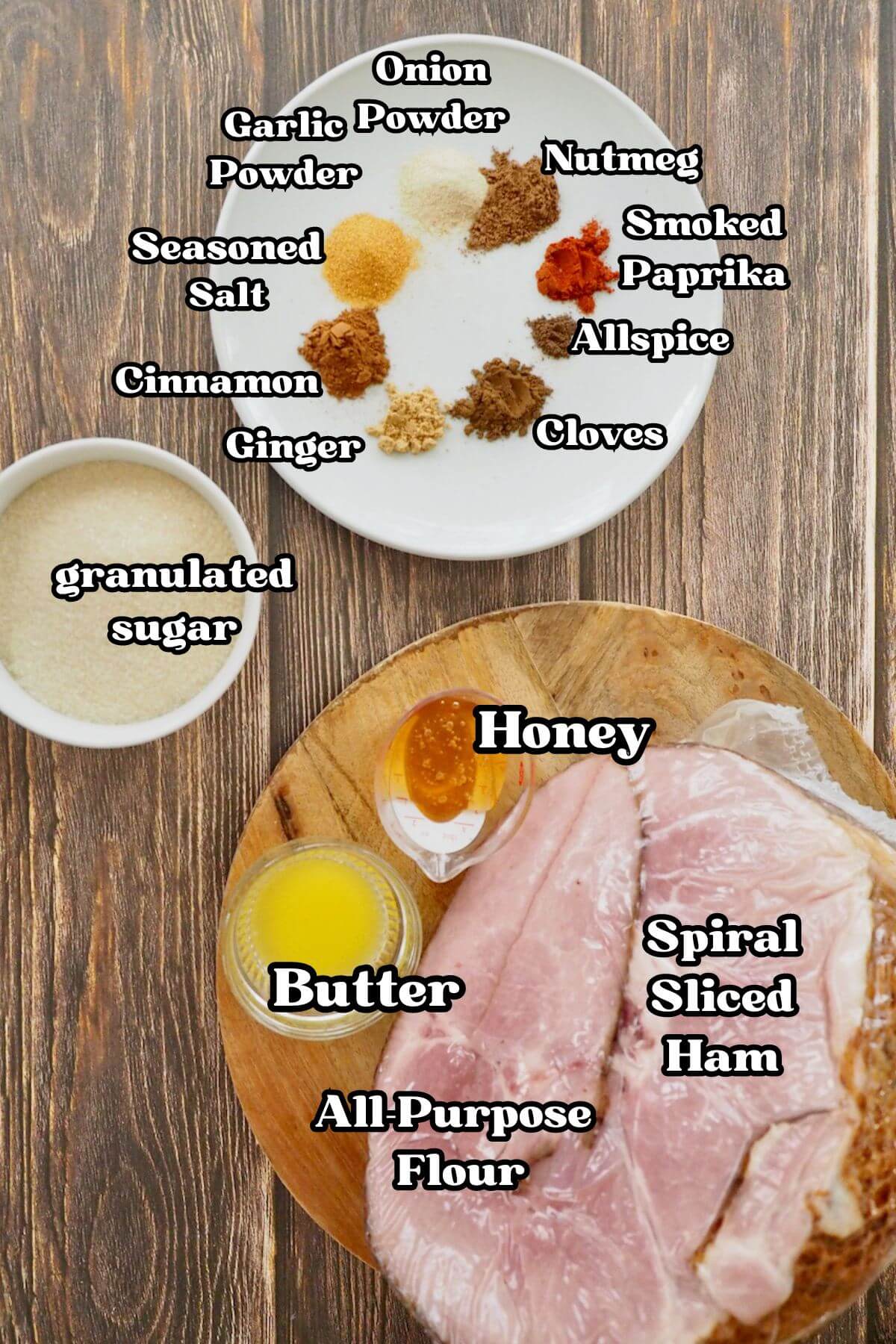 Labeled ingredients for Costco Spiral Ham. Whole bone-in spiral ham, sugar, butter, honey, spices on plate.