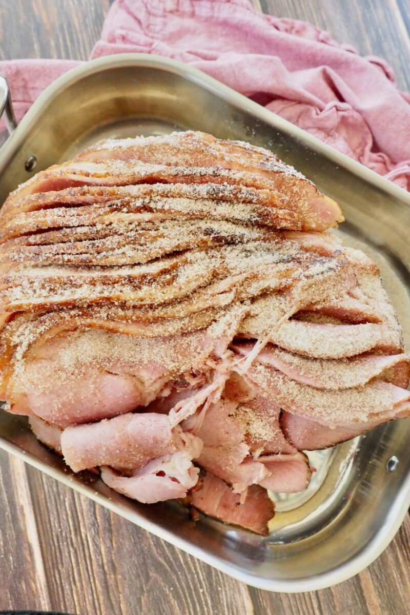 Spiral sliced costco ham with sugar spice mixture on top.