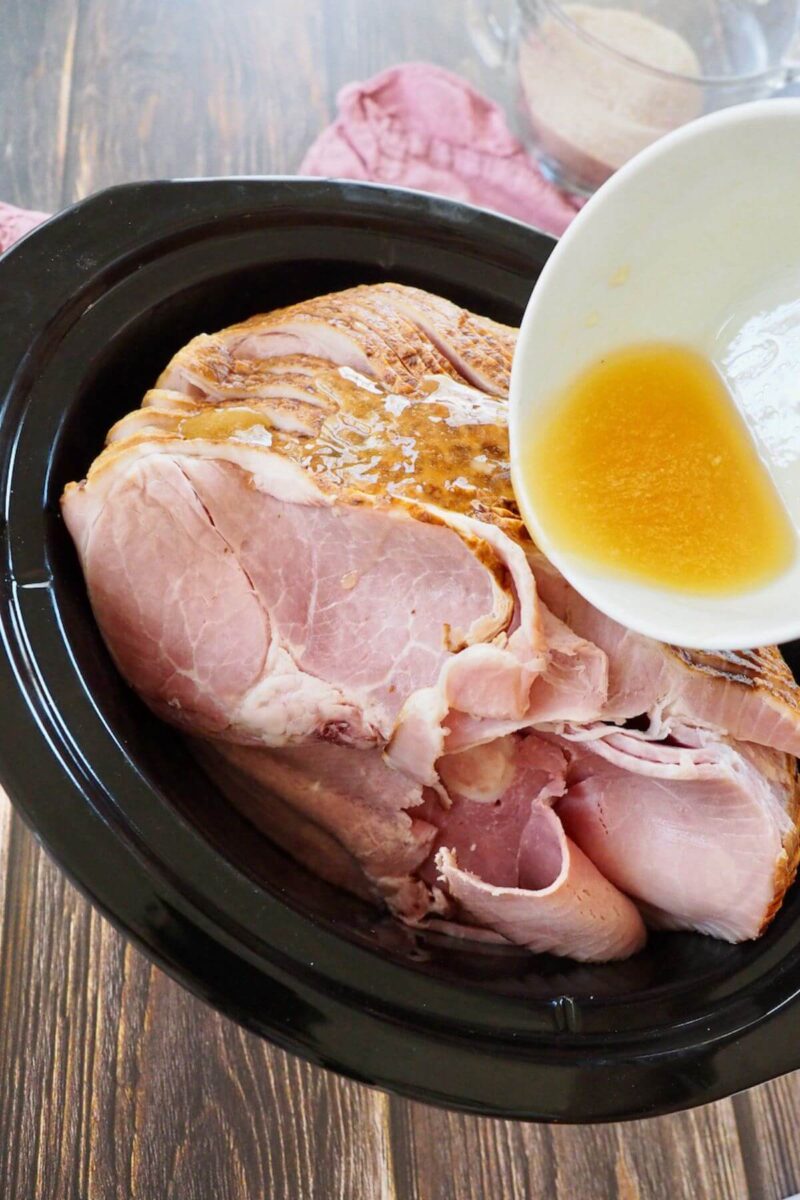 Pour honey butter mixture over the ham slices. 