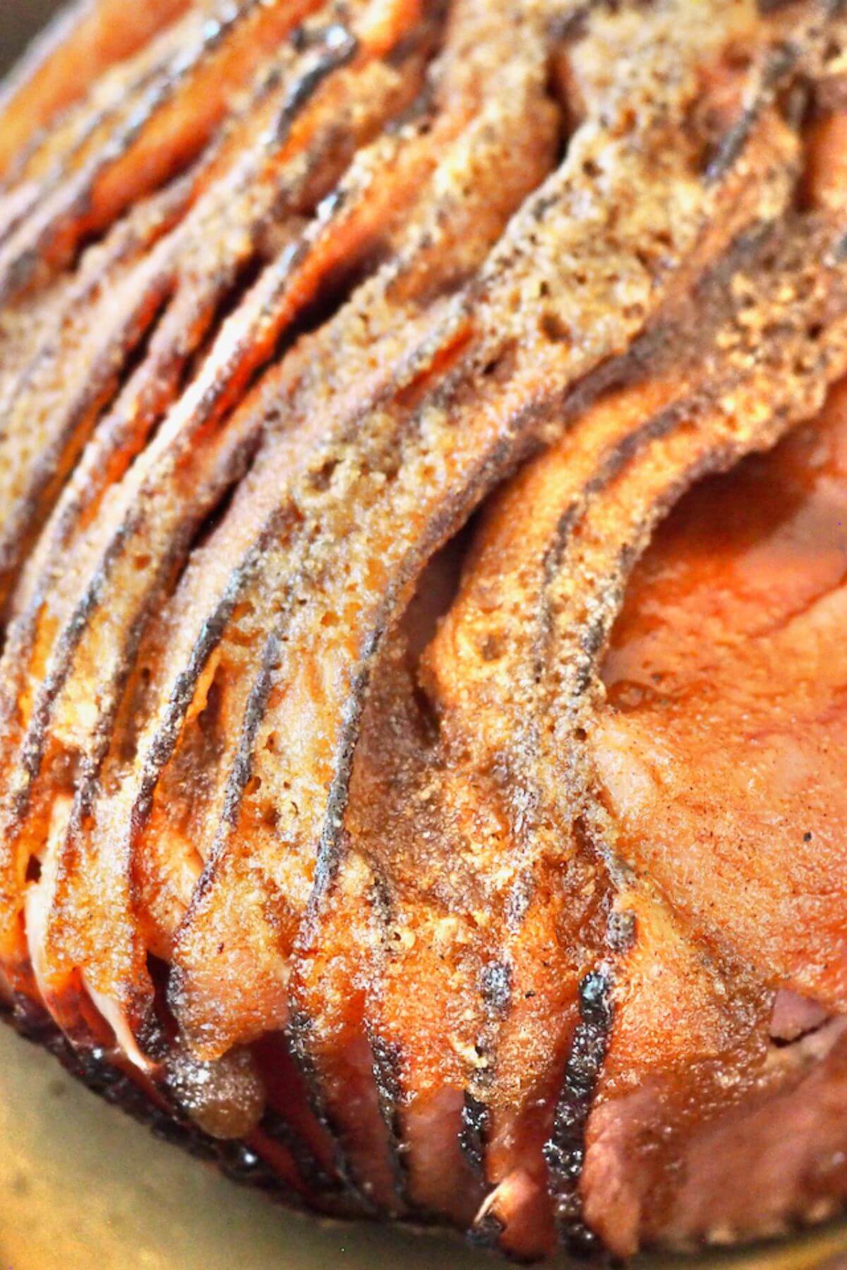 Closeup of Spiral sliced ham with honey sugar and spice glaze.
