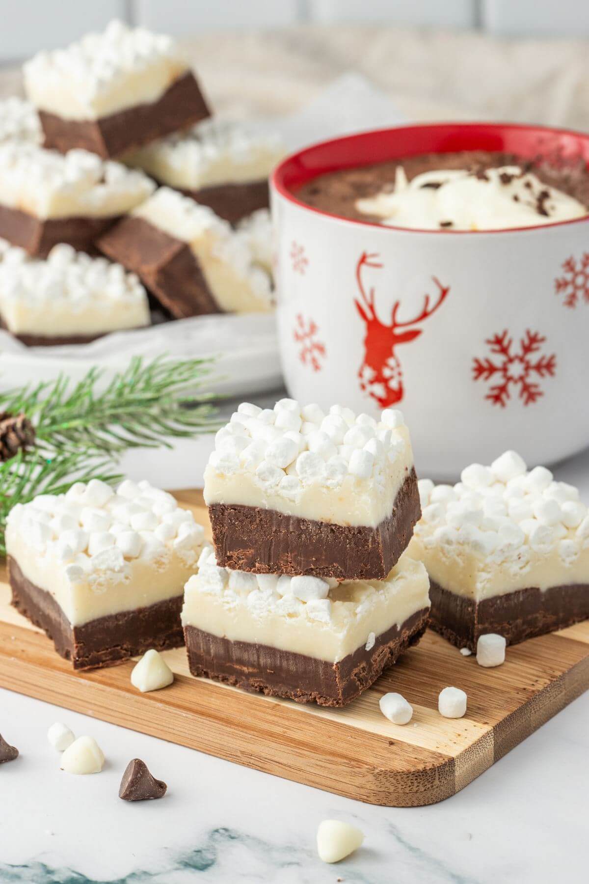 Easy Hot Chocolate Fudge pieces by mug of hot chocolate and full plate of fudge.