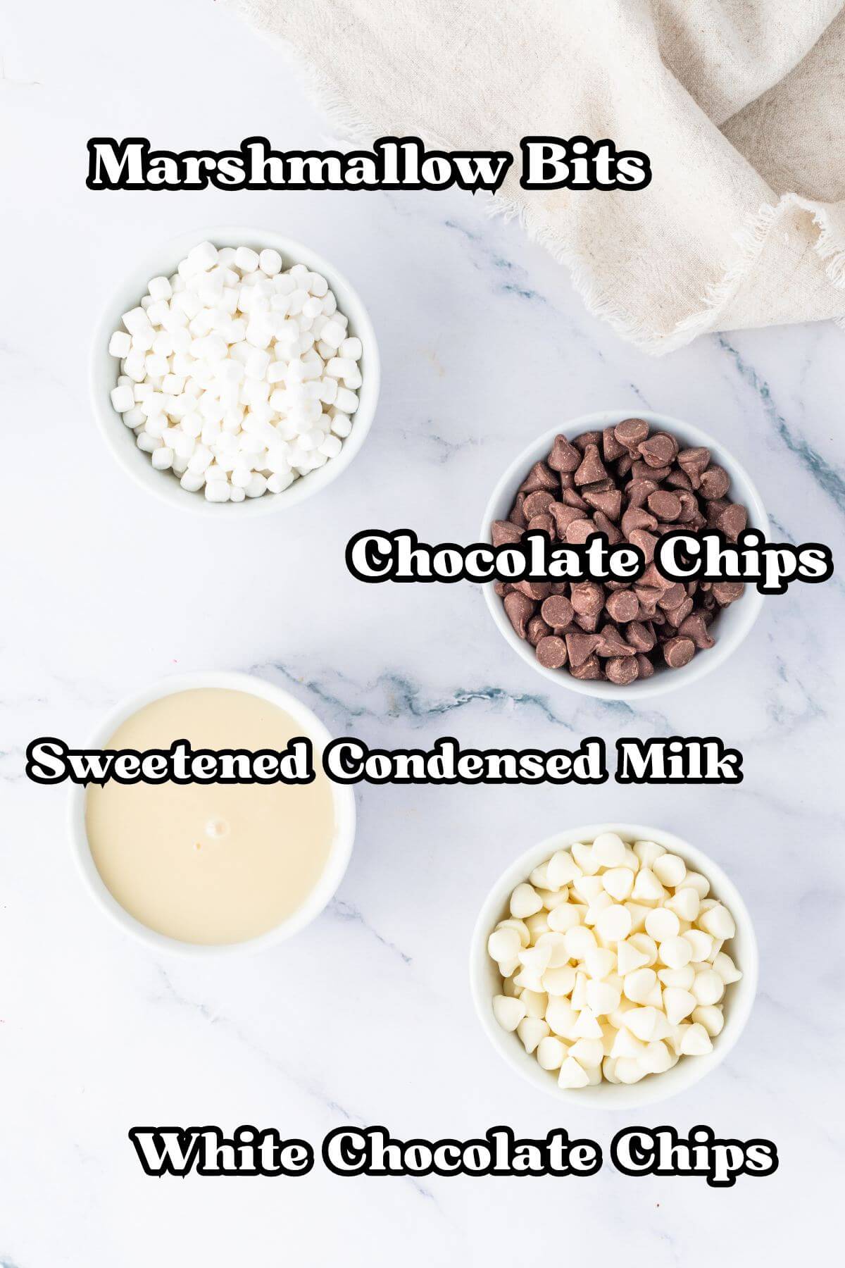 Labeled ingredients for microwave fudge recipe. 