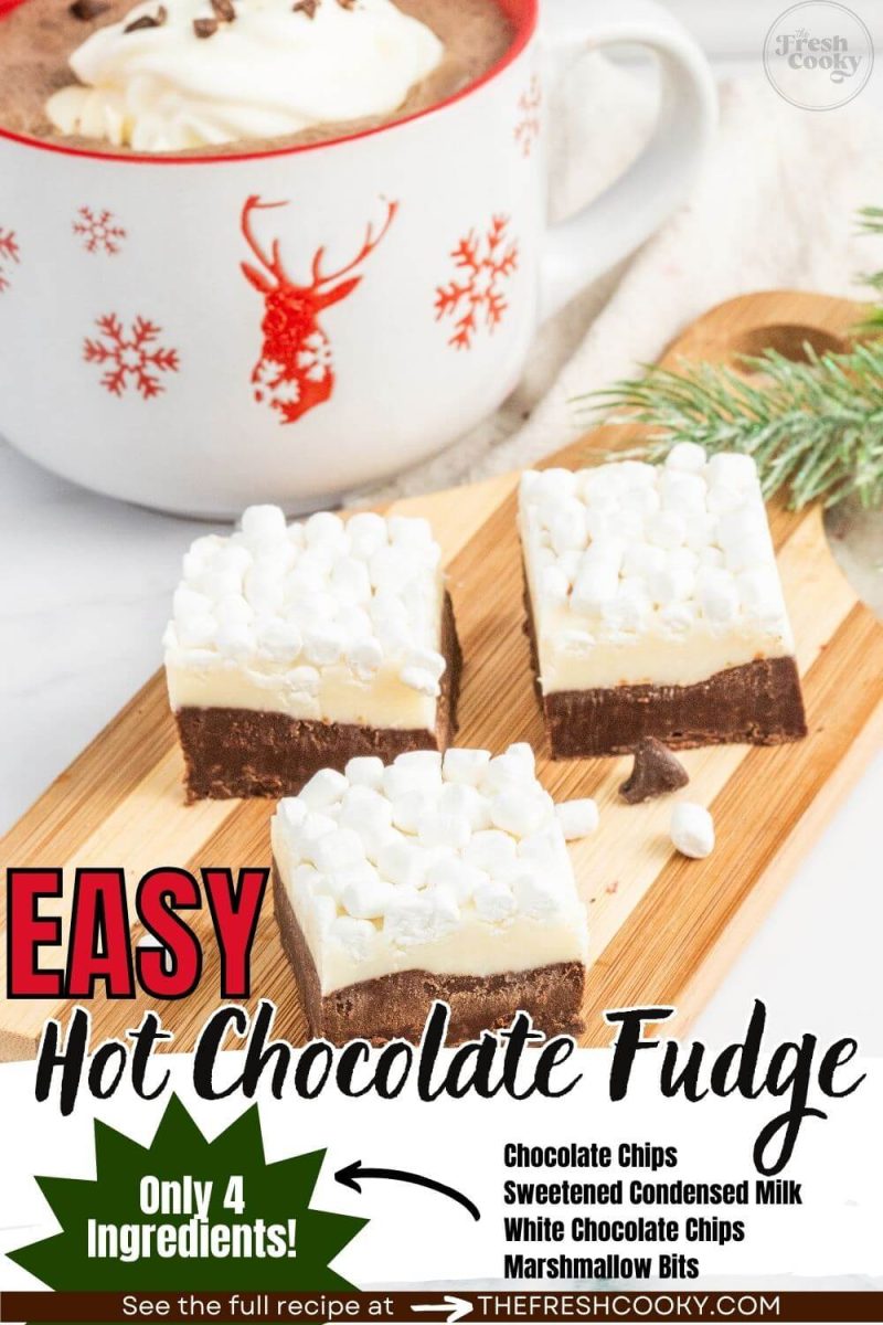 Easy Hot Chocolate Fudge shown on cutting board with mug of chocolate and garnishes, to pin.