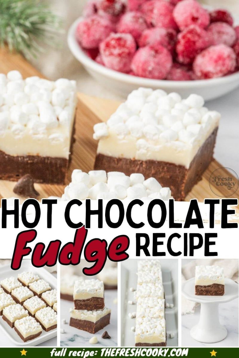 Hot Chocolate Fudge Recipe served on trays, boards, and dishes, to pin.