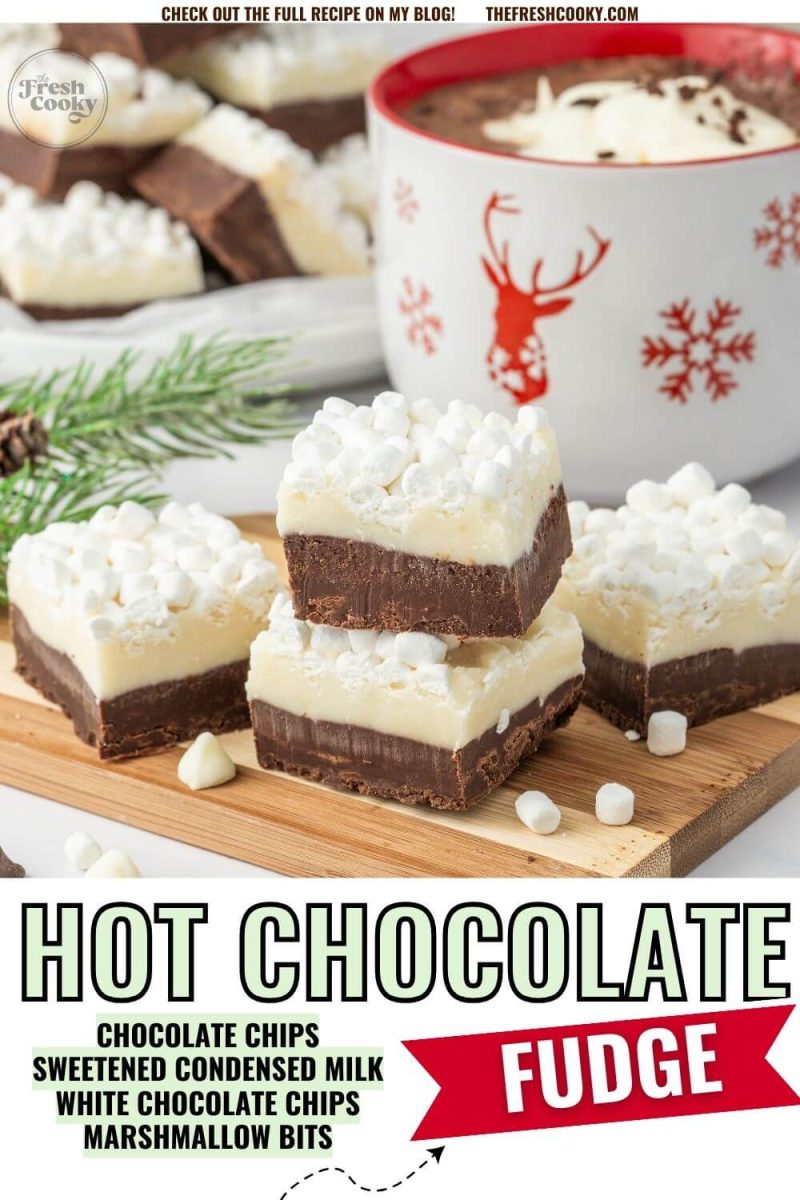 Hot Chocolate Fudge squares shown on cutting board by mug of hot chocolate, to pin.