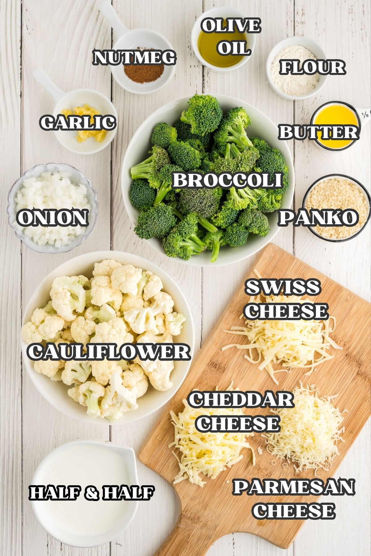 Labeled ingredients broccoli cauliflower gratin.