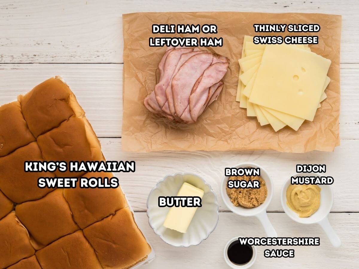 Labeled ingredients for ham and cheese sliders. 