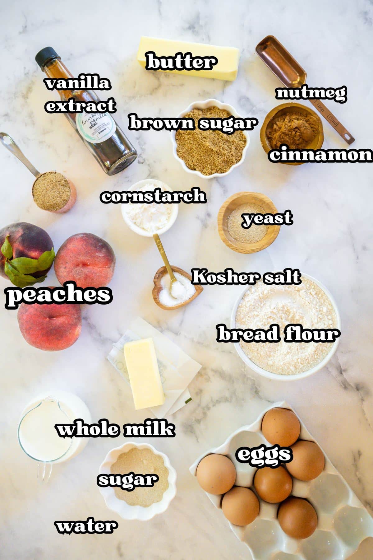 Labeled ingredients for peach cinnamon rolls.
