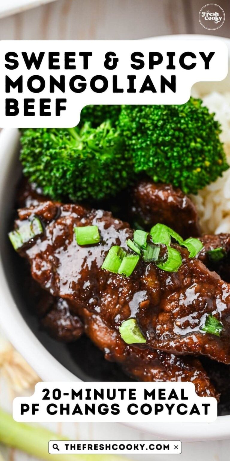 Close up of sticky Mongolian beef on a bed of rice and steamed broccoli to pin.