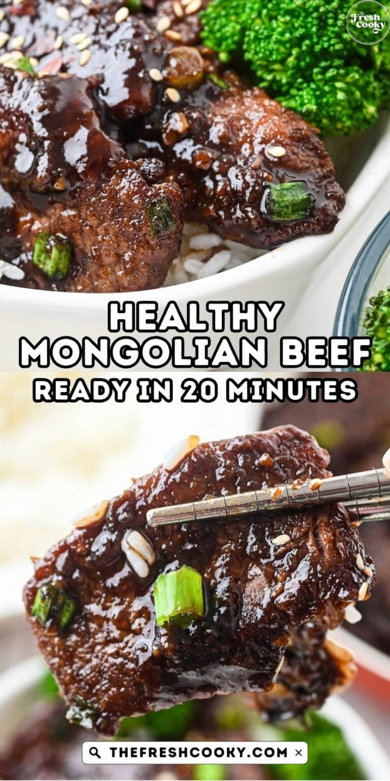 Chopsticks holding up a piece of sticky Mongolian beef and a bowl full of beef with white rice and steamed broccoli, for pinning.