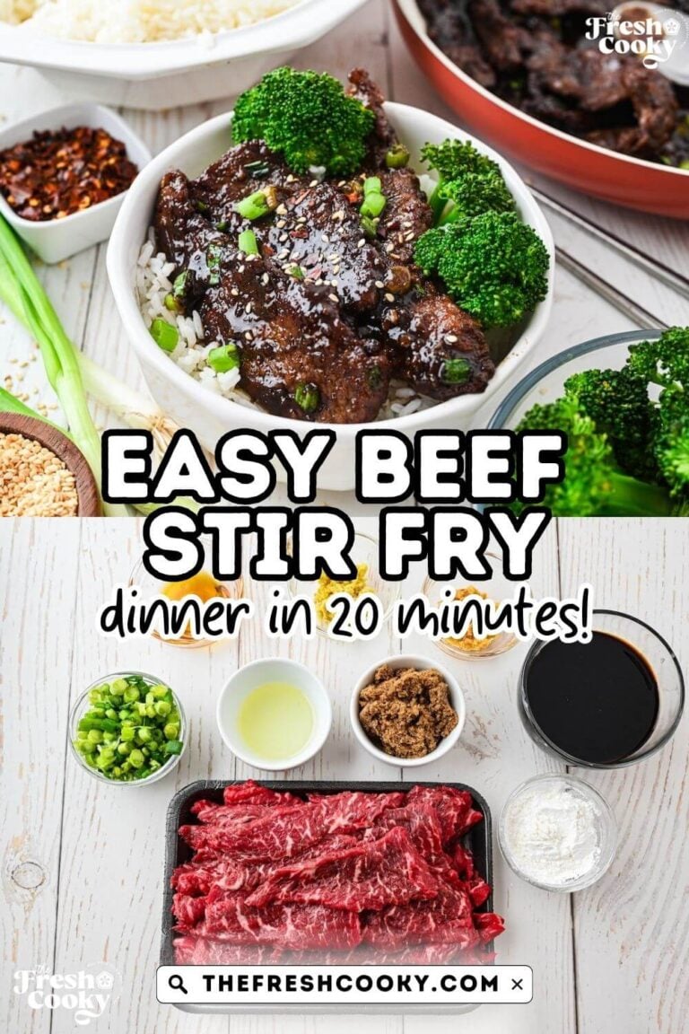 Ingredients for Mongolian beef with a white bowl filled with white rice, sticky Mongolian beef and broccoli, for pinning.