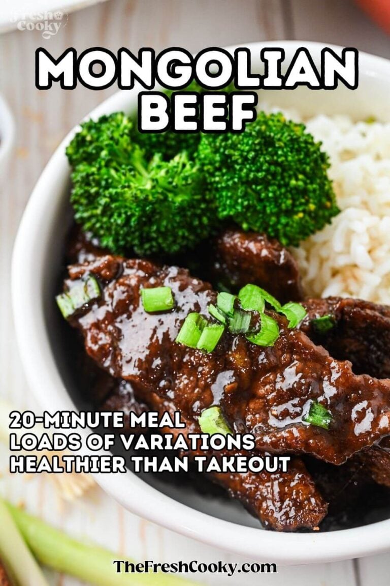 A white bowl filled with rice, topped with Mongolian beef and steamed broccoli, for pinning.