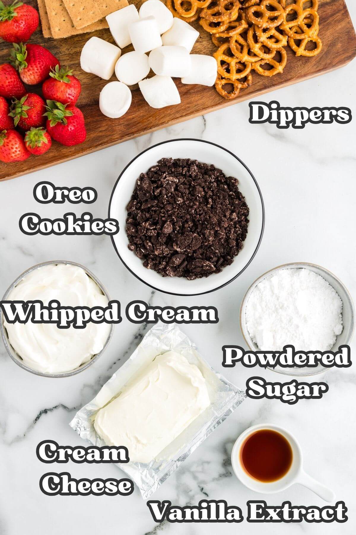 Labeled ingredients for oreo fluff.