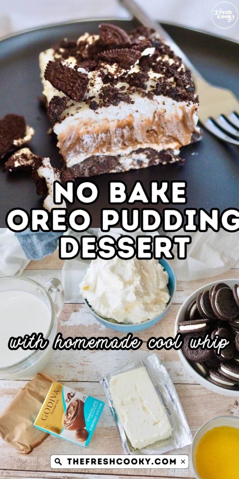 No Bake Oreo Dessert pudding, ingredients to make it and slice of oreo delight on a black plate, to pin.
