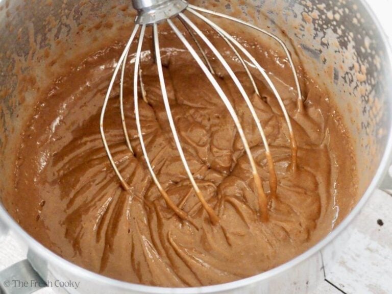 Whisk attachment in thickened chocolate pudding.