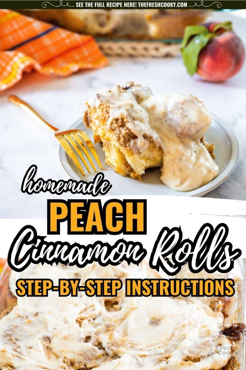 Gooey peach cinnamon roll on plate, to pin.