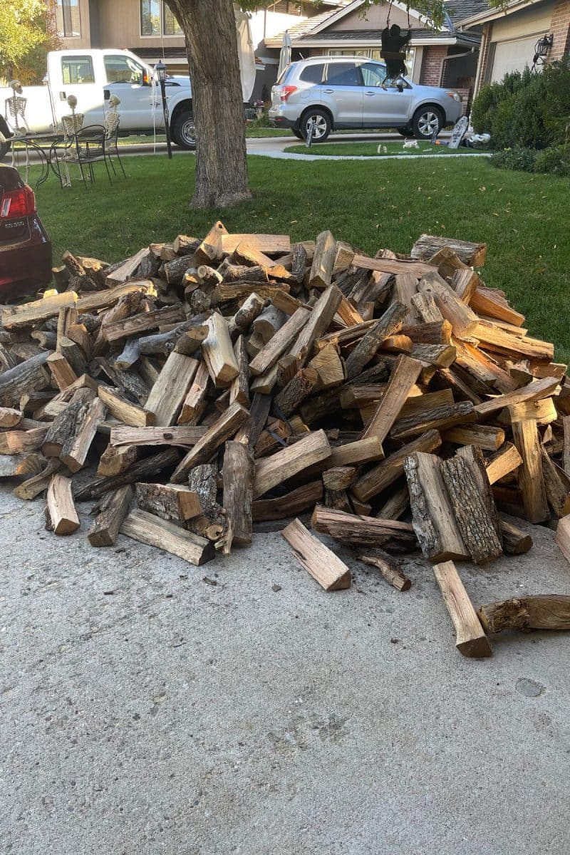 A humongous pile of firewood in the driveway. 