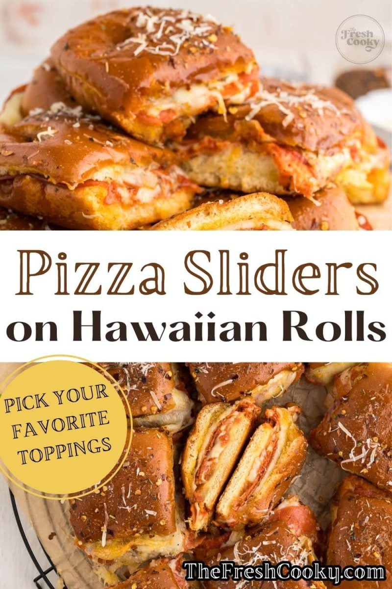 Pizza sliders on Hawaiian rolls, shown stacked and ready to eat, to pin.