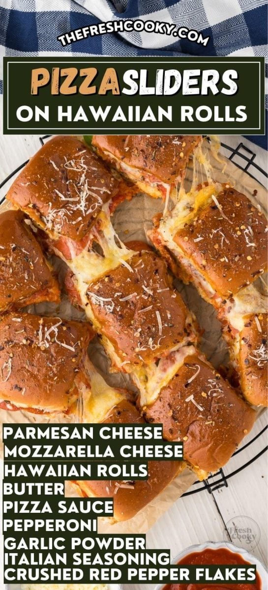 Pizza sliders on Hawaiian rolls with gooey cheese and pepperoni, to pin.