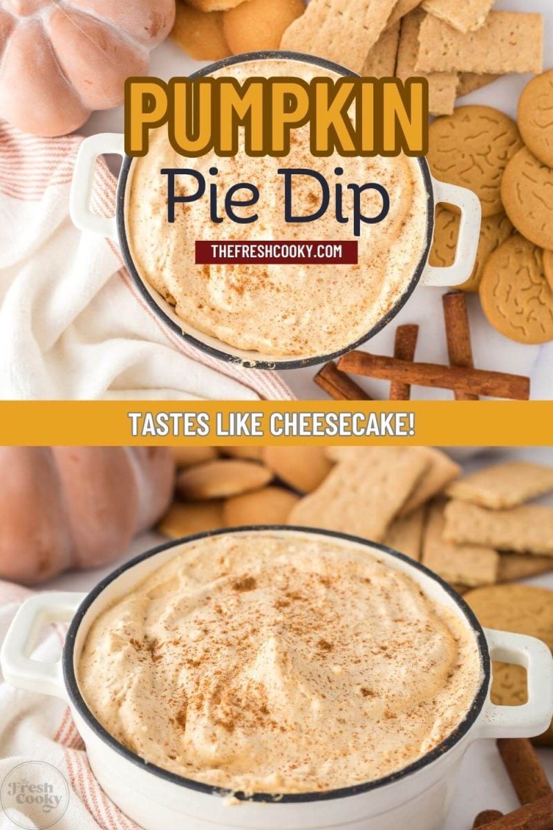 Pumpkin pie dip in a dish surrounded by cookies, graham crackers, cinnamon sticks, and a ceramic pumpkin and fine napkin for style, to pin.