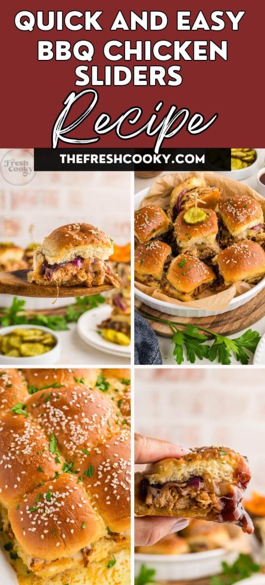 Quick and Easy BBQ Chicken Sliders shown in four images as a pile of sliders, lifted by hand and by serving spoon, and in the pull apart Hawaiian rolls, to pin.