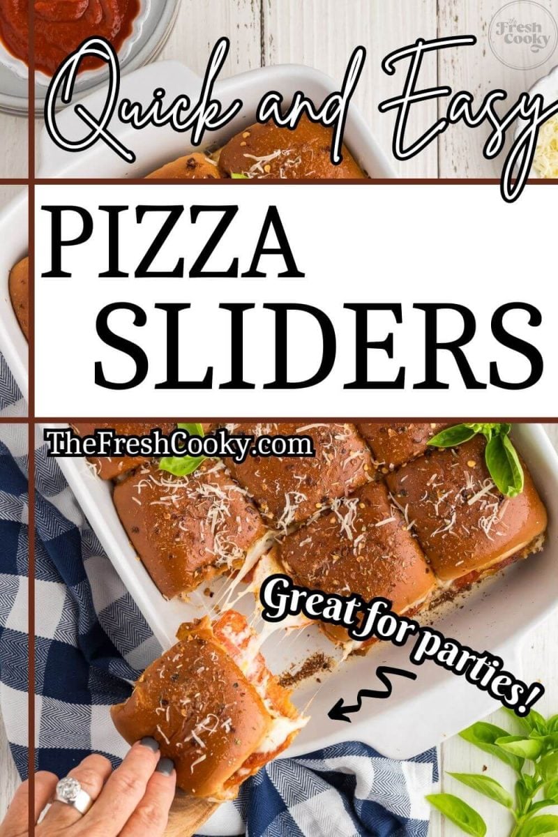 Quick and Easy Pizza Sliders with hand taking a pizza slider off the casserole.